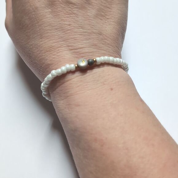 115 White Gold Lava Rock and Gold J Beaded Stretch Bracelet - Picture 4 of 5